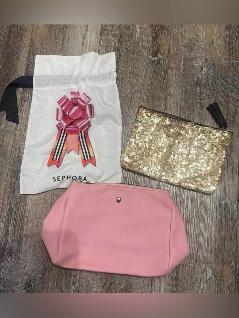 Sephora Pink Cosmetic Pouch with Gold Sequin Accent Bag Set